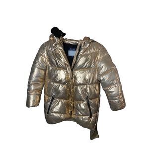 Kiabi girls rose, gold, black faux, fur, hooded coat, size 8